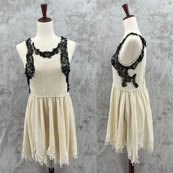 Free People Cream Black Lace Fit & Flare Mini Dress Keyhole Back - Picture 1 of 15